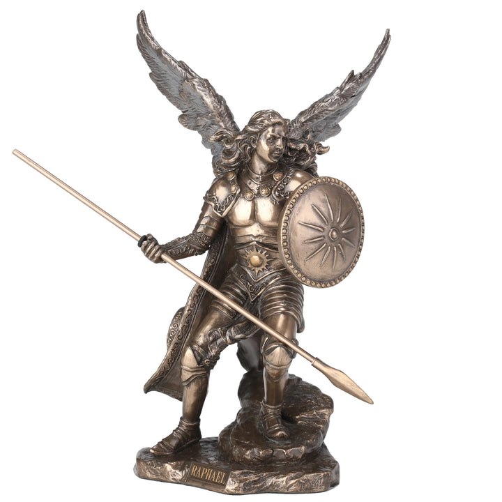 Unicorn Archangel Raphael God Has Healed Holding Shield and Spear Bronze Statue Figurine
