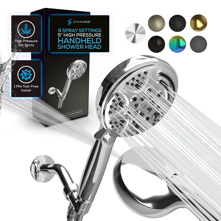 SparkPod 5 Inch 9 Function Shower Head - Handheld High Pressure Jet with On/Off Switch, Pause and Wa