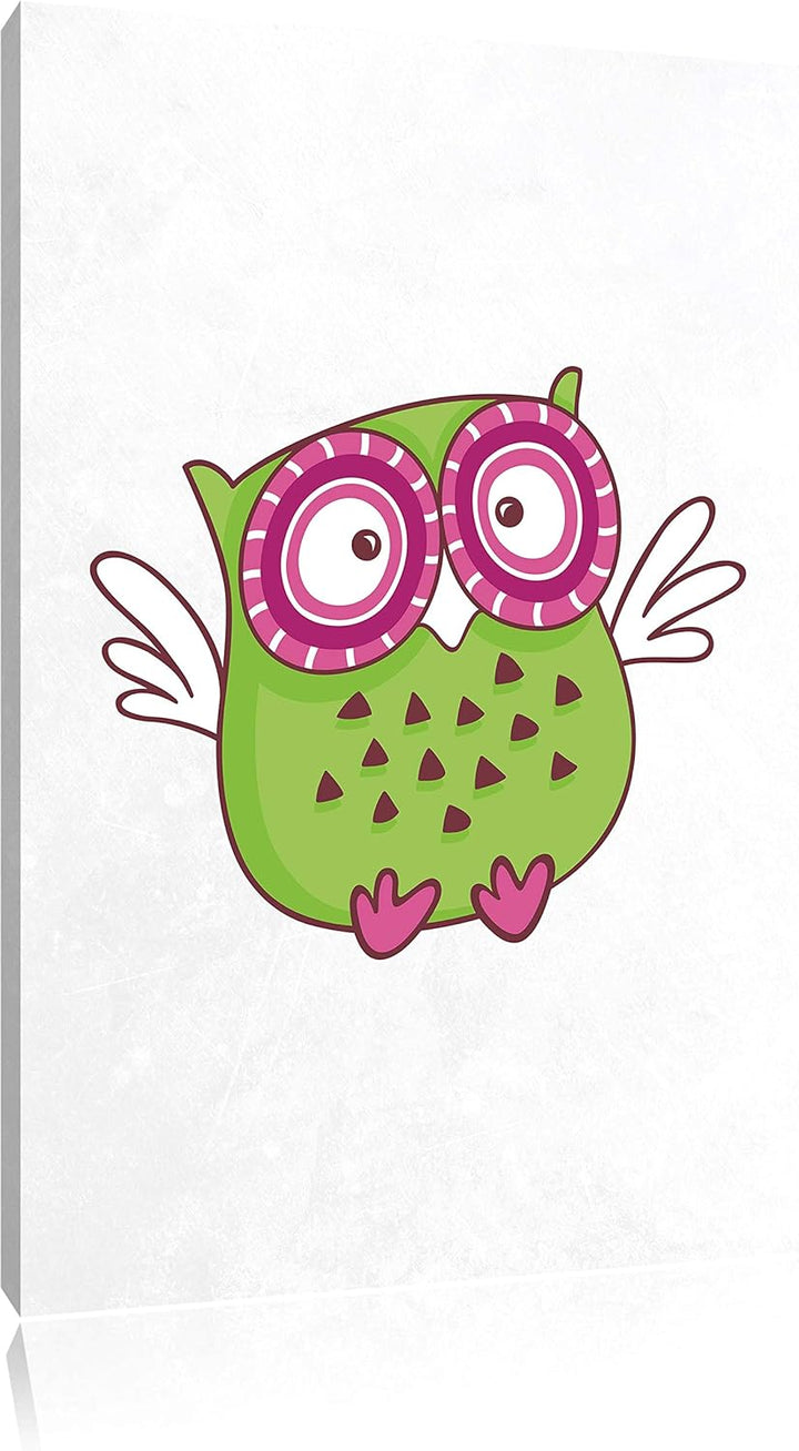 Pixxprint Lustige grüne Eule fliegend weiss, Format: 70x100 auf hochkantiges Leinwandbild, XXL riesi