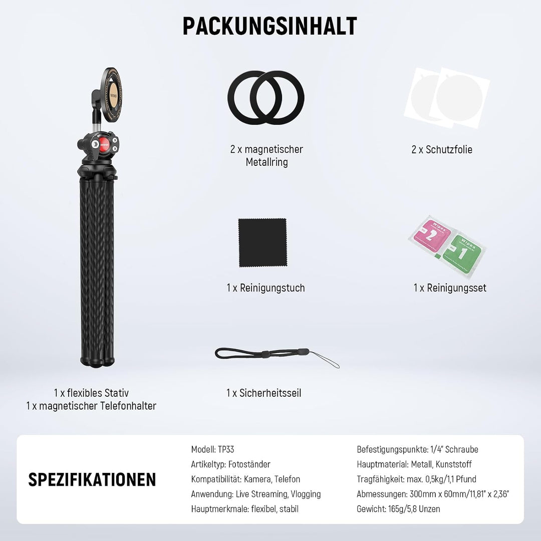 NEEWER Magnetische Flexible Handy Stativ kompatibel mit iPhone 15 Pro Max 14 Magsafe Serie Android M