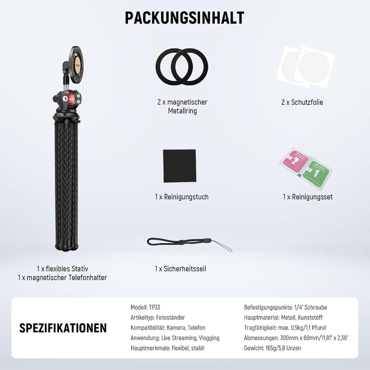 NEEWER Magnetische Flexible Handy Stativ kompatibel mit iPhone 15 Pro Max 14 Magsafe Serie Android M