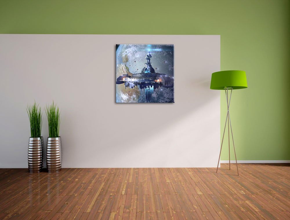 Pixxprint futuristisches Raumschiff vor der Erde, Format: 70x70 auf Leinwand, 70x70