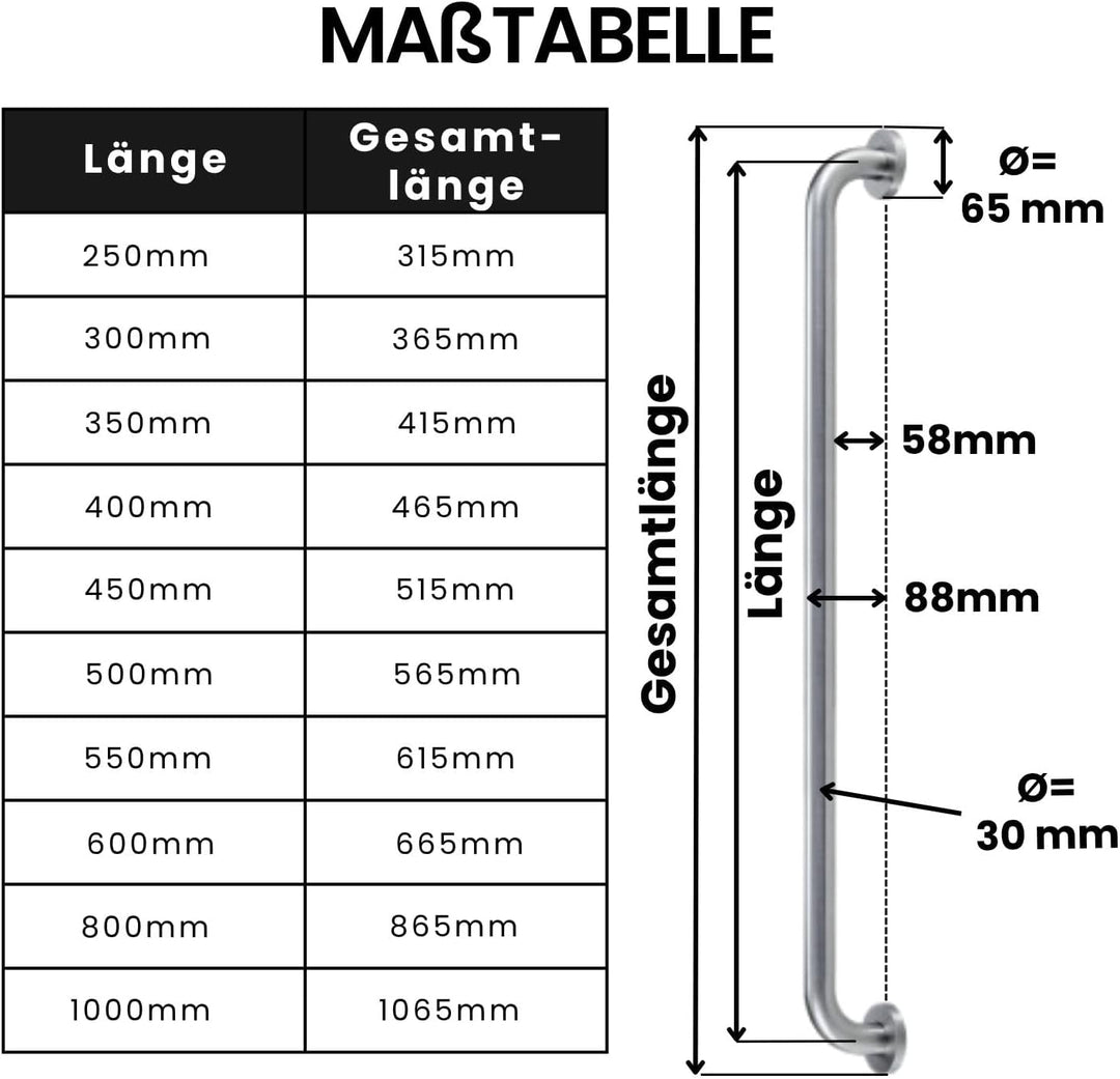Haltegriff EDELSTAHL rostfrei Ø 30mm 800mm Badewannengriff Wandgriff Duschgriff Handgriff für Senior
