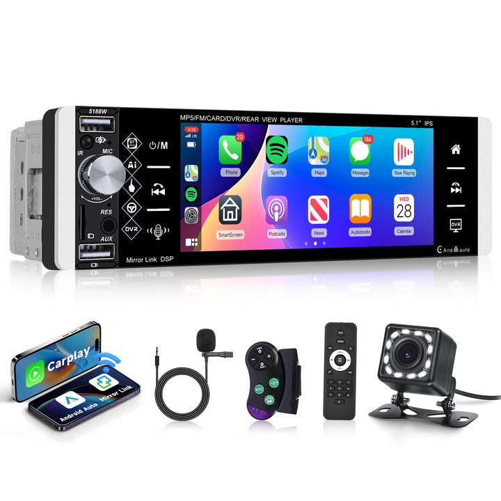 Rimoody Wireless Carplay Autoradio 1 Din, 5,1 Zoll HD Touchscreen Autoradio Single Din mit Knopf Blu