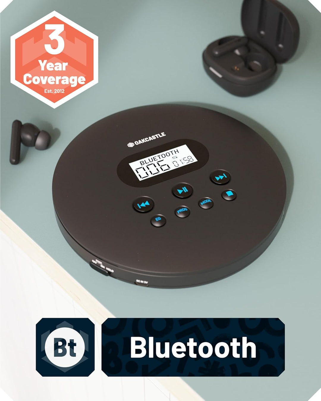 Oakcastle CD100 Tragbarer Retro-CD-Player mit Bluetooth, inklusive Kopfhörer mit Kabel, Kleiner CD P