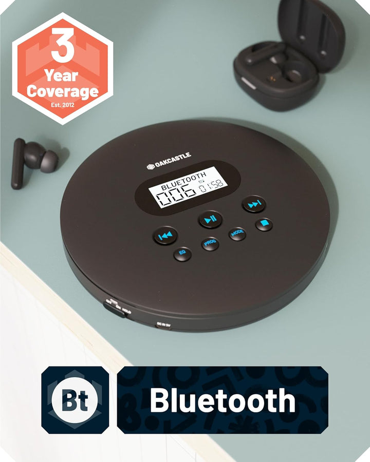 Oakcastle CD100 Tragbarer Retro-CD-Player mit Bluetooth, inklusive Kopfhörer mit Kabel, Kleiner CD P