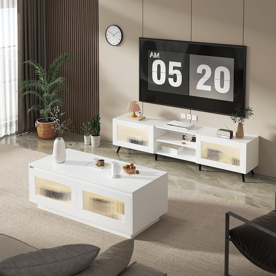KEEPREAPER Couchtisch Wohnzimmertisch mit LED Beleuchtung, Sofatisch mit 2 Ablagefächern für Wohnzim
