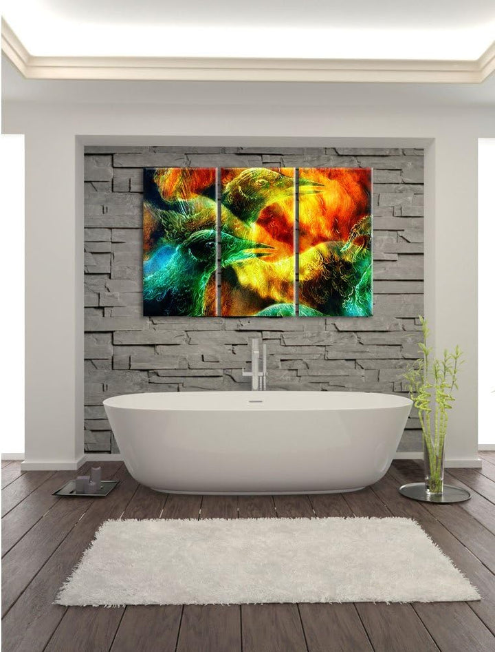 Pixxprint Vogel Phönix Collage als Leinwandbild - Grösse: 3-Teilig (120x80cm) - Wandbild - Kunstdruc