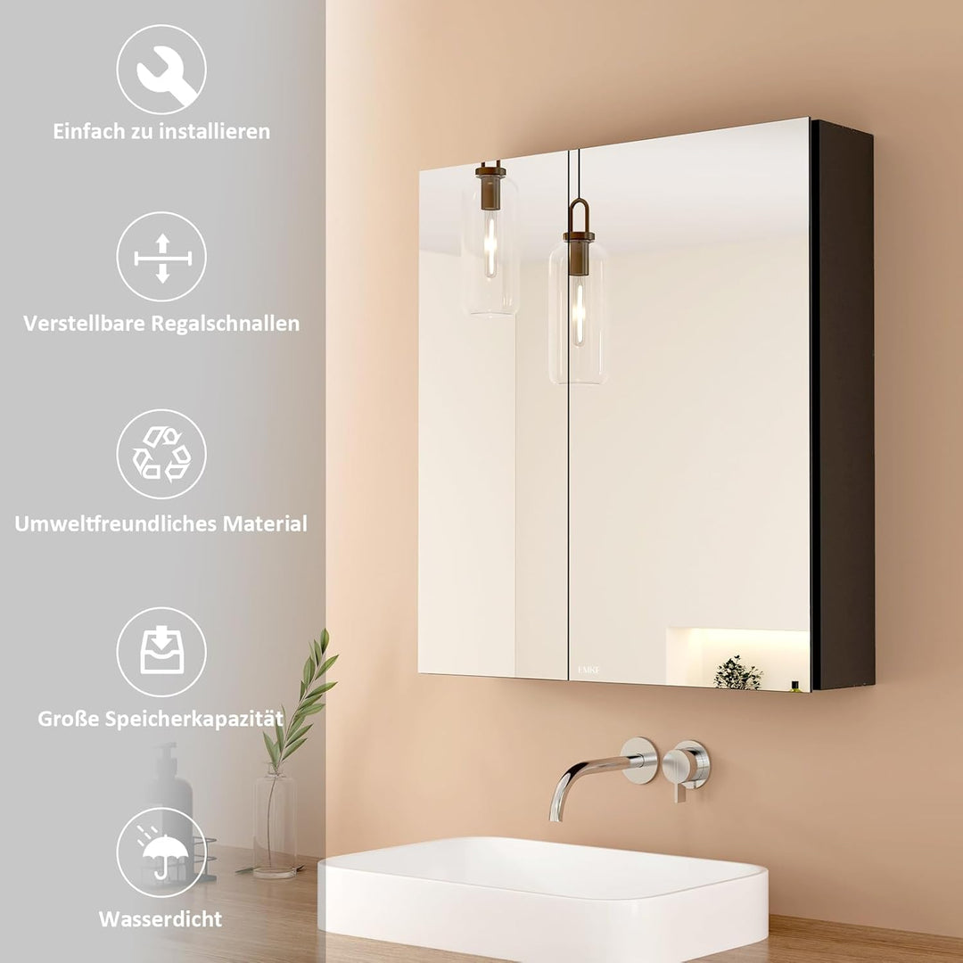EMKE Spiegelschrank Bad, Badezimmer Spiegelschrank mit Spiegel, 60x65cm Badschrank Wandschrank mit h