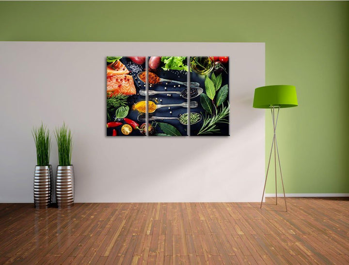 Feine Gewürze auf Löffeln als 3-Teiler Leinwandbild 120x80 Bild auf Leinwand, XXL riesige Bilder fer