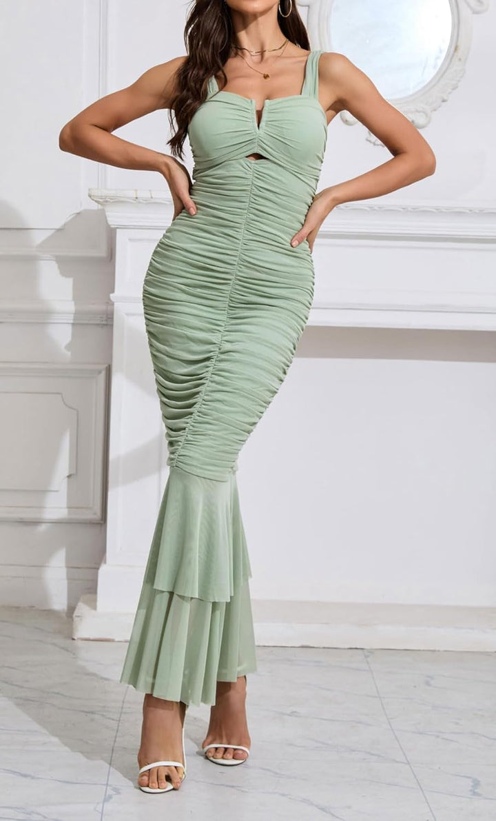 CHARTOU ärmelloses Maxikleid für Damen, mit Trägern, für Abschlussball, Party, Abend, gerüscht, figu
