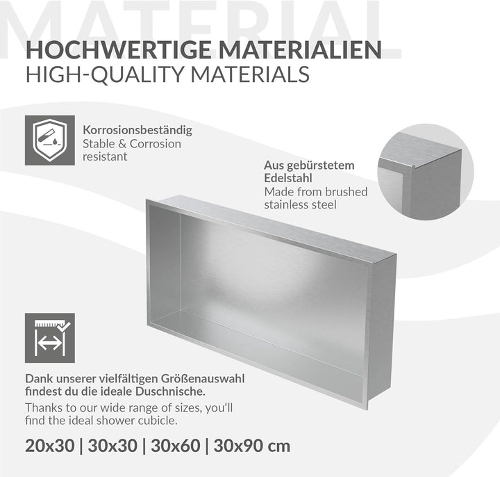 LuxeBath Wandnische aus Edelstahl, 60x30x10 cm, Silber, Duschnische mit Rahmen, Einbauregal, Flexibl