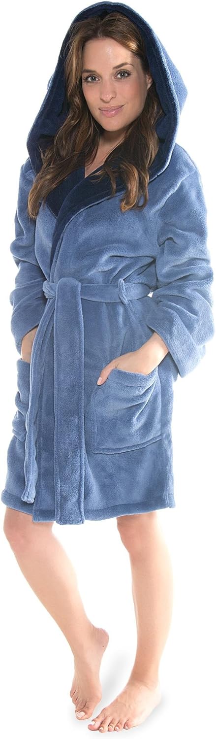 CelinaTex XS-XXXL Bademantel Kapuze zweifarbig kurz aufgesetzte Taschen Damen Mikrofaser Kuschelflee