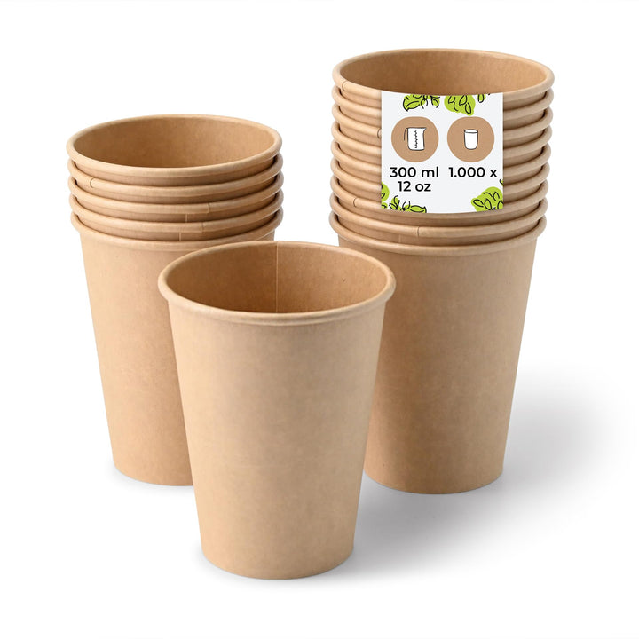 BIOZOYG 1000x Pappbecher 300 ml / 12 oz, Ø 90 mm braun - Einwegbecher plastikfrei und aus nachhaltig