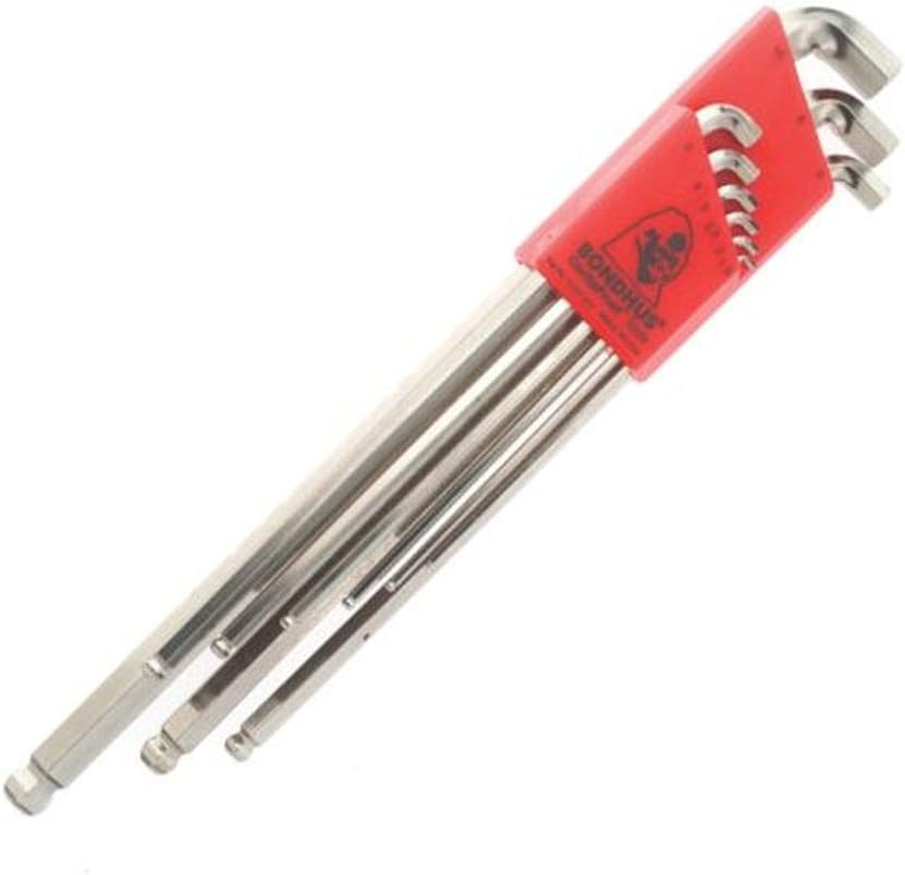 Bondhus 16799 9 Piece Stubby Ball End Tip Hex Key L-Wrench Set with BriteGuard Finish, Long Arm