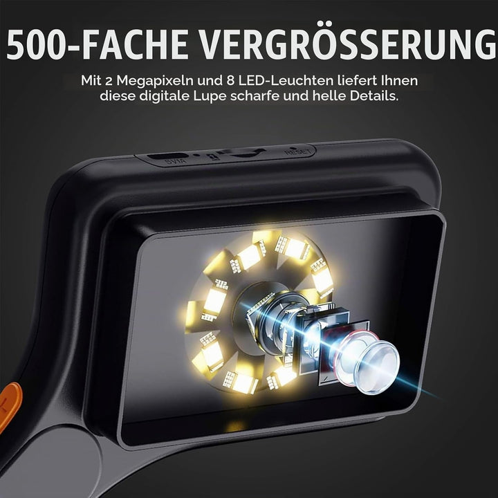 Tragbares 500-faches digitales Mikroskop mit 7,6 cm IPS-Bildschirm, 8 LED-Leuchten, Autofokus, 2-MP-