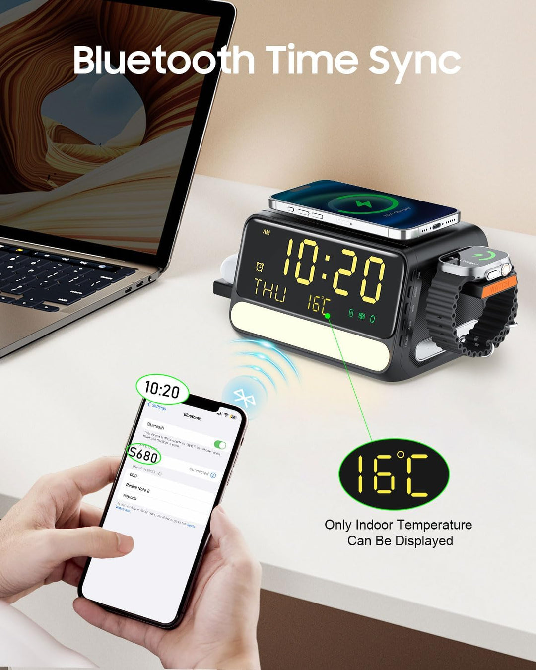 7-in-1 kabellose Ladestation mit Wecker, sprachgesteuertem Nachtlicht, Temperatur & Datum, inklusive