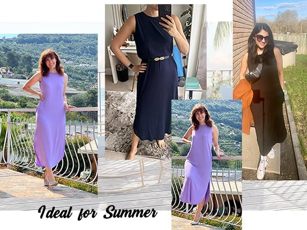 AUSELILY Maxikleider Damen Sommer Ärmellos Strandkleid Lang Sommer-Kleider S Blattdruck, S Blattdruc