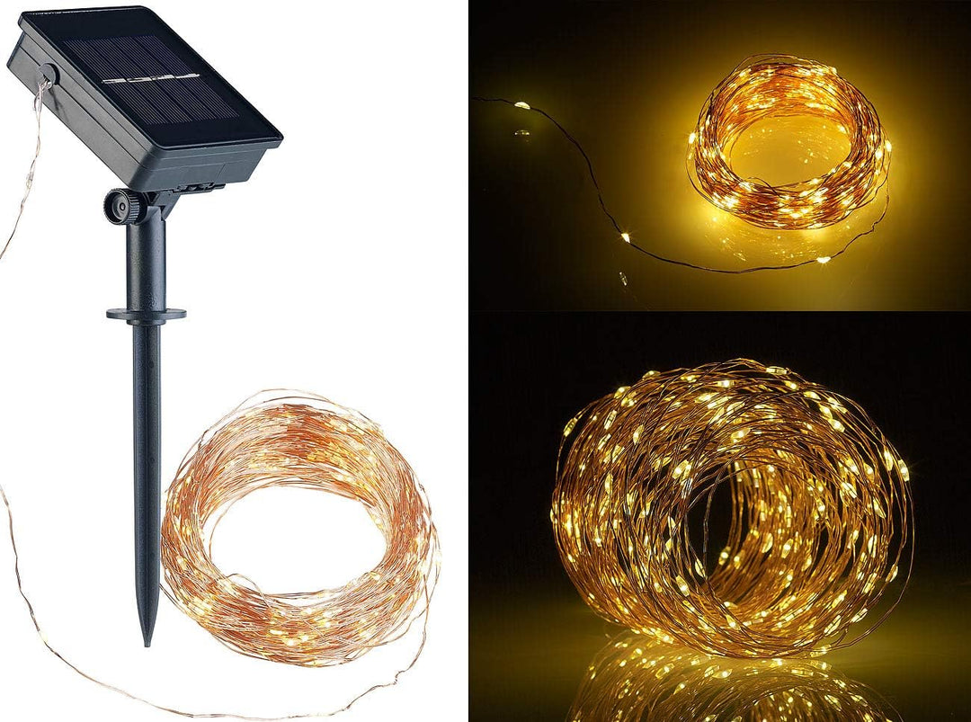 Lunartec Kupfer Lichterkette: 2er-Set Solar-Lichterkette aus Kupferdraht, 200 warmweisse LEDs, 8 Mod