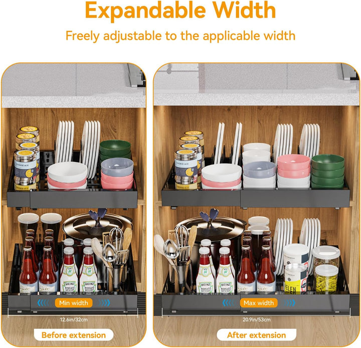 2 Pack erweiterbar Pull Out Cabinet Organizer Adhesive mit 8 Geschirrhalter, Pull Out Regale für Küc
