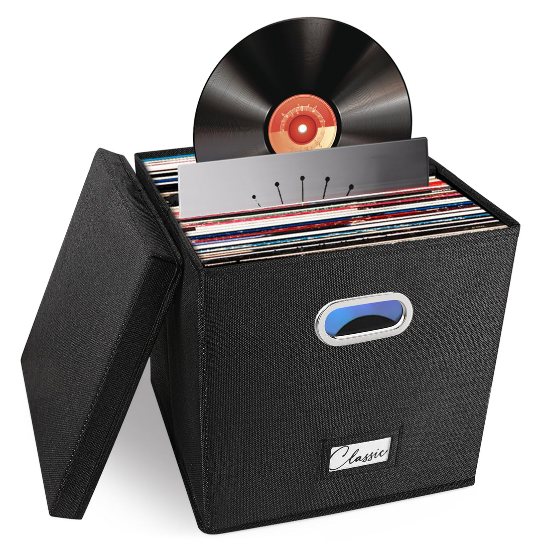 Vinyl-Schallplatten-Aufbewahrungsbox für 50+ einzelne LPs (30,5 cm), stapelbare Alben, Leinenkiste m