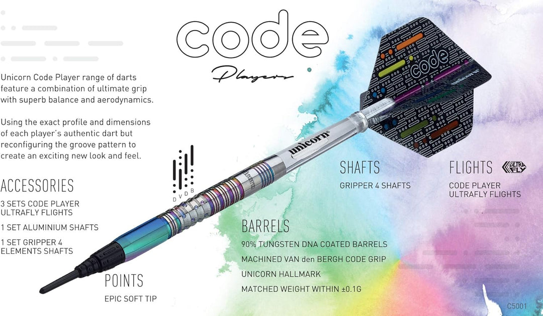 Unicorn Dimitri Van den Bergh Code 90% Tungsten Dartpfeile mit weicher Spitze, Mehrfarbig, 22 g
