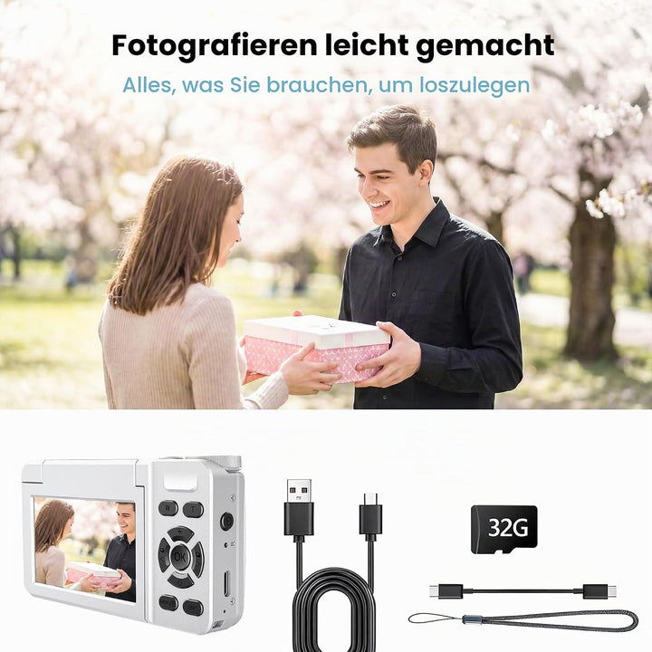 4K Digitalkamera 64MP Autofokus 3,0 Zoll 180°Klappbildschirm Wiederaufladbar Tragbar für Fotos&amp;Vlogs