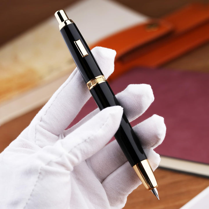 Majohn A1 Press Füllfederhalter Feine Feder mit Konverter, einziehbares Schreibset schwarz golden (k