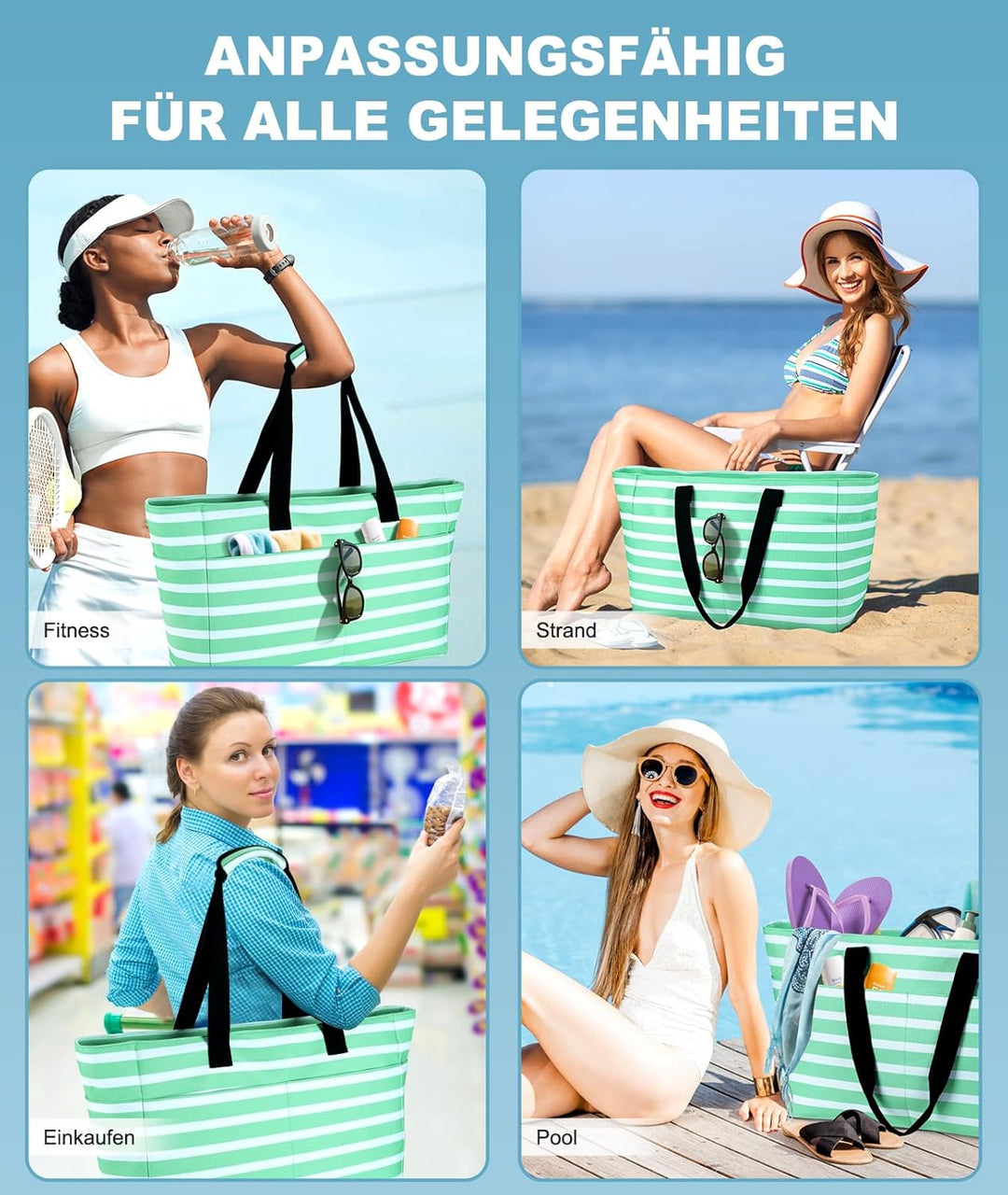 ISEYOU Strandtasche XXL Familie, Gross Strandtasche mit Reissverschluss Wasserdicht Sanddicht, Handt