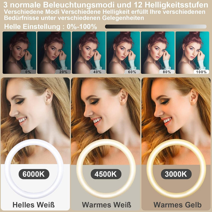 13 Zoll Ringlicht mit Stativ, 1 Tablet-Clip und 2 Handyhalterungen, 3000-6000K,10 Helligkeiten, Musi