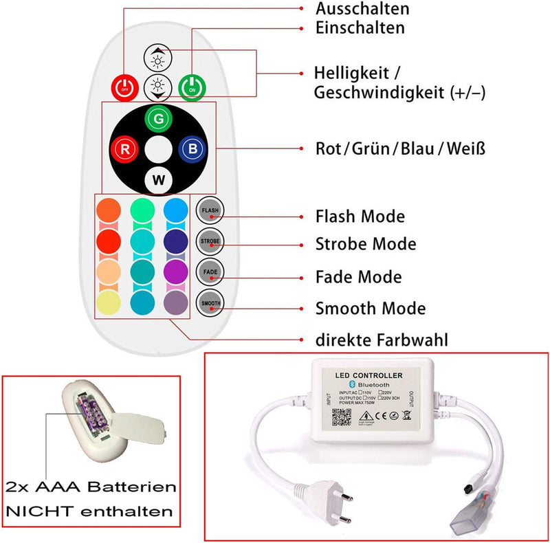 FOLGEMIR 15m RGB LED Streifen, Bluetooth kontrolliert Strip, 220V dimmbar Lichterkette, 5050 SMD 60