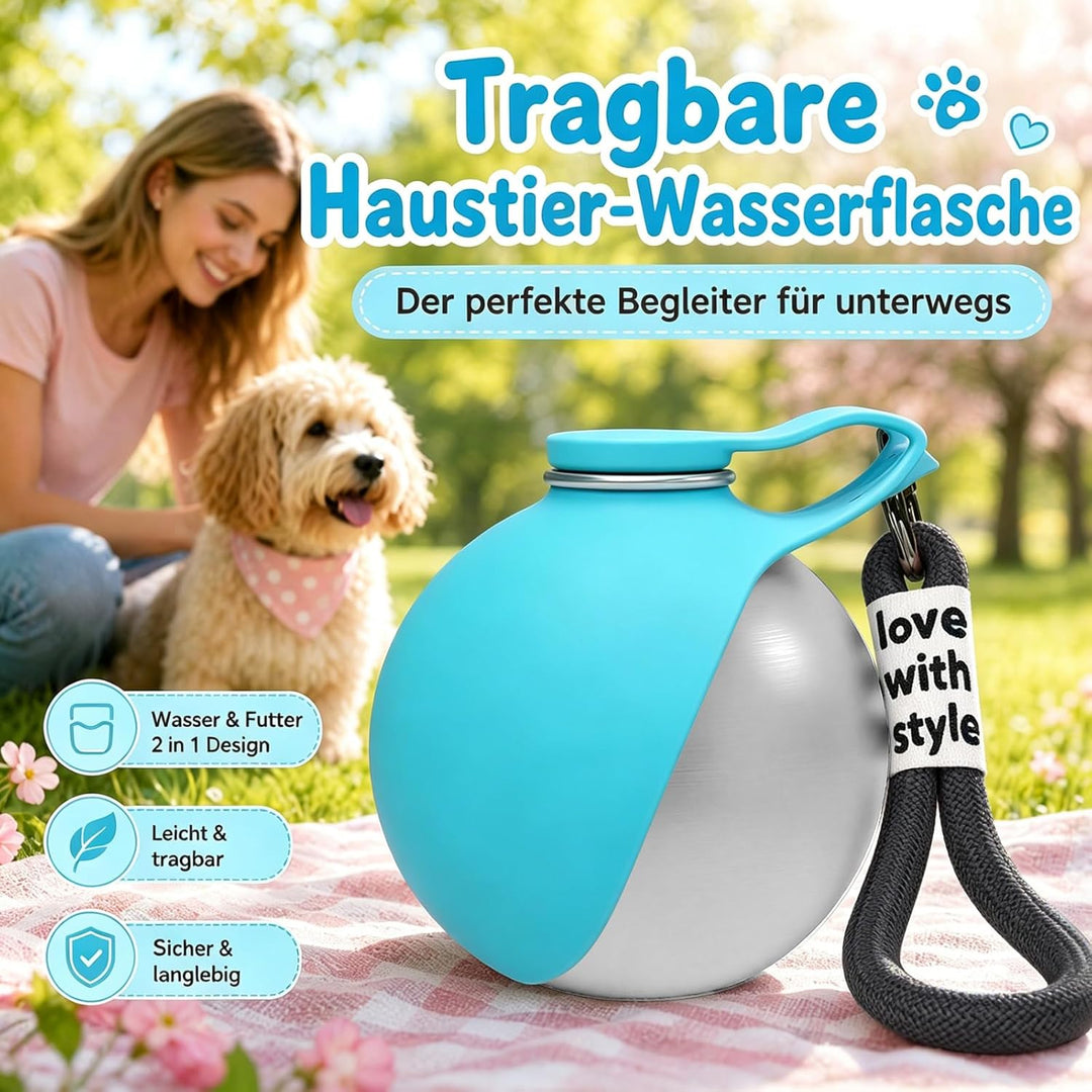 Trinkflasche Hunde für Unterwegs, 285ml Tragbare Edelstahl Hundetrinkflasche mit Faltbarem Silikonna