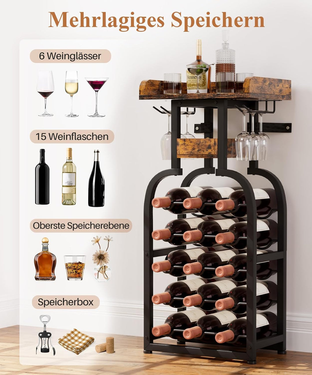 Yorbay Weinregal freistehend 15 Flaschen, Flaschenregal mit Glashaltern, Dekorativer Flaschenhalter-