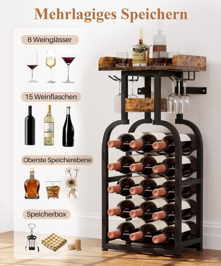 Yorbay Weinregal freistehend 15 Flaschen, Flaschenregal mit Glashaltern, Dekorativer Flaschenhalter-