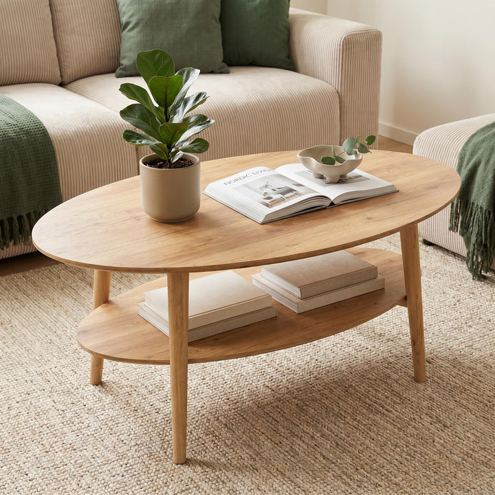 skølm Mjölnir Couchtisch oval – Wohnzimmertisch aus Eiche Massivholz – Sofatisch mit 2 Ablagen – kle