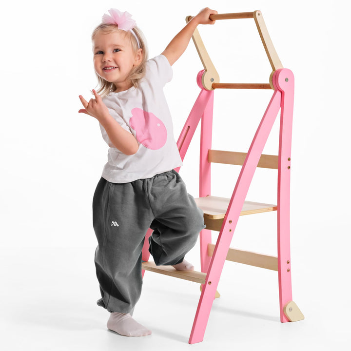 Goodevas Holz Lernleiter Montessori platzsparend: Klappbare Lernleiter, Hocker für Kinder, Faltbare