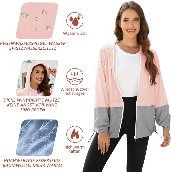PONCEAU Regenjacke Damen Wasserdicht Windbreaker Atmungsaktiv bergangsjacke Regencape Leichte Jacke
