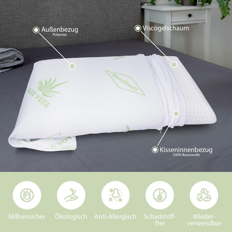 MaxxGoods - orthopädisches Nackenstützkissen mit Aloe Vera aus Visco-Gelschaum - 42cm x 70cm x 12cm