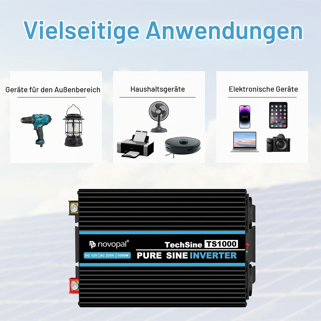 novopal 1000W KFZ Reiner Sinus Spannungswandler-Auto Wechselrichter 12v auf 230v Umwandler-Inverter