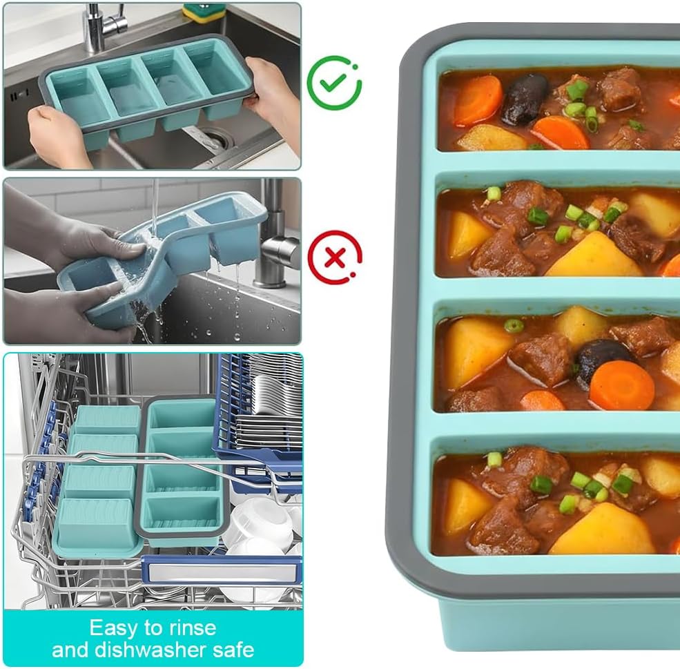 2Stück Suppen Einfrieren Behälter, Silikon Gefrierform Suppe mit Deckel 4 Gitter, 250ml Silikon Gefr