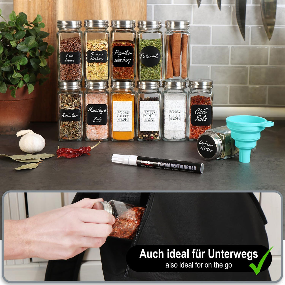 com-four® Gewürzgläser Set [ Eckig - 24x | 120ml ] mit Gewürzetiketten, je 2 Streueinsätze, Stift zu