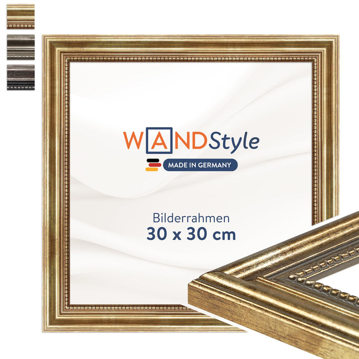 WANDStyle Bilderrahmen Antik 30x30cm I Farbe: Gold I Holzbilderrahmen I Fotorahmen I Goldener Barock