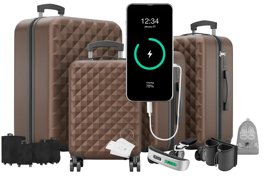 Onbest Premium Koffer Set 4 teilig – Rollkoffer mit TSA-Lock, USB-Anschluss– Plus 1x Kofferwaage, 2X