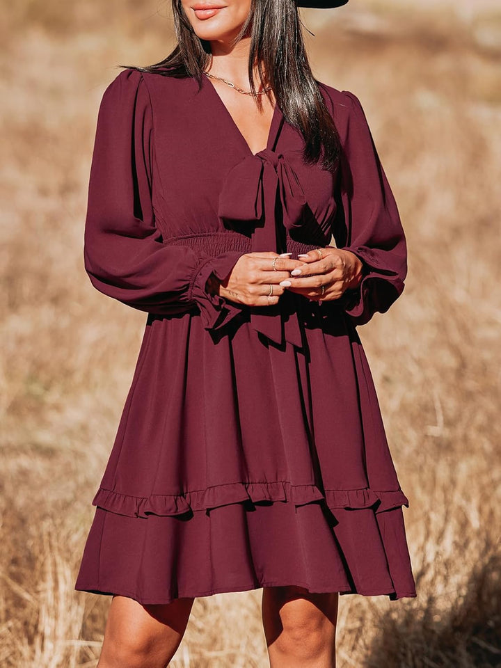 CUPSHE Damen Kleid V Ausschnitt Schleife Gebunden Langarm Tiered Rüschen A Linien Kurze Freizeitklei