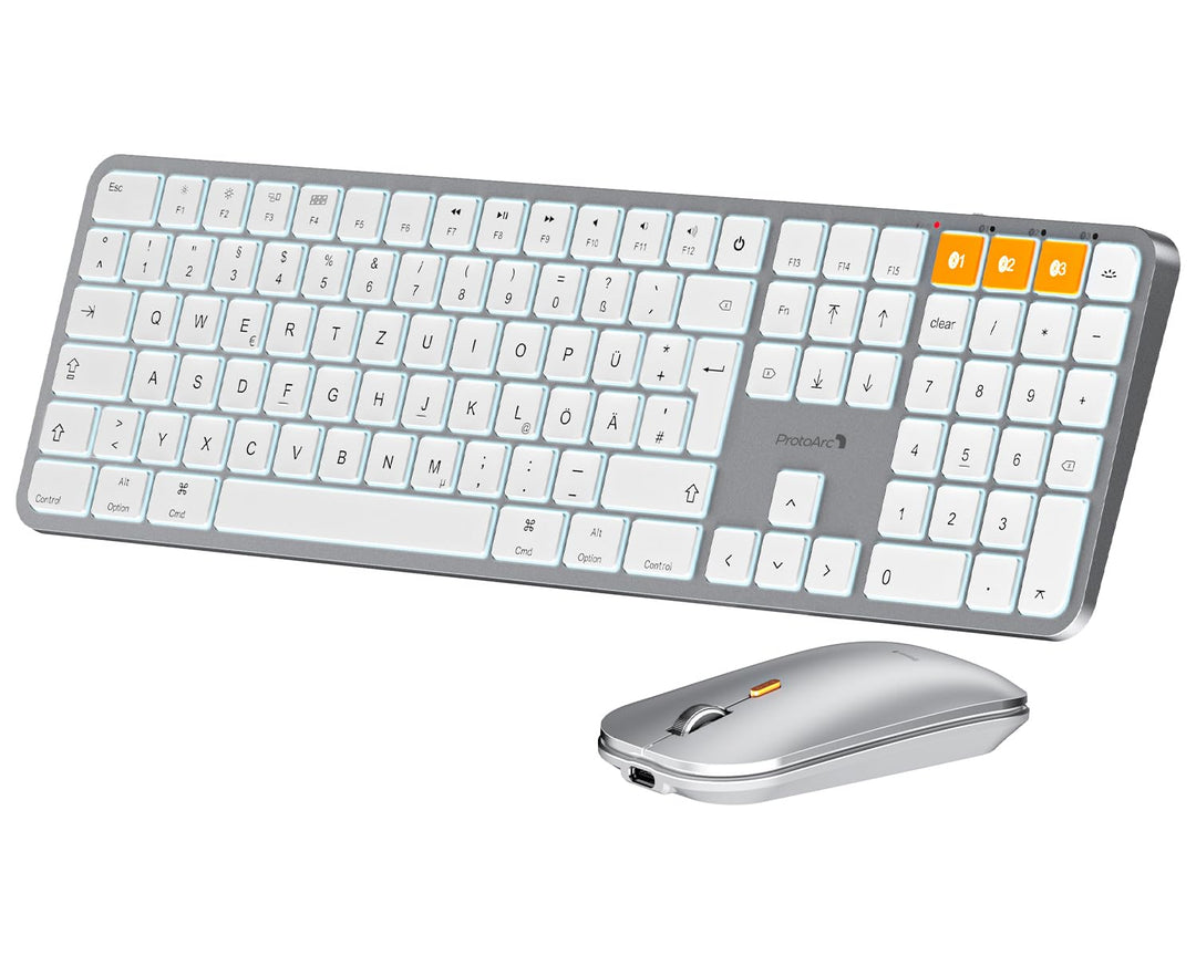 ProtoArc KM100-A Beleuchtet Tastatur Maus Set Kabellos für Mac, Bluetooth QWERTZ Funk Tastatur mit M