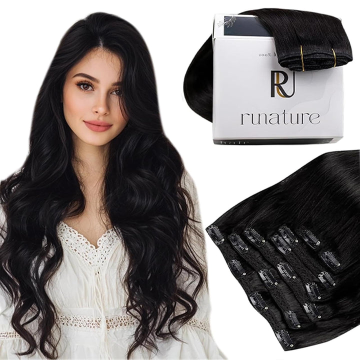 RUNATURE Schwarze Clip in Extensions Echthaar 45cm 7Pcs Echthaar Extensions Clip Glatt Clip Extensio