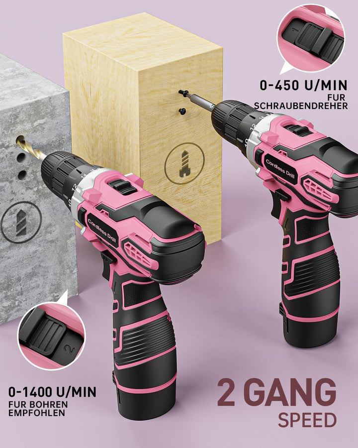 Akkuschrauber 12V Pink Rosa, Akkubohrer Klein, Akku Bohrschrauber Set mit 15 Zubehör und Tasche, 18+