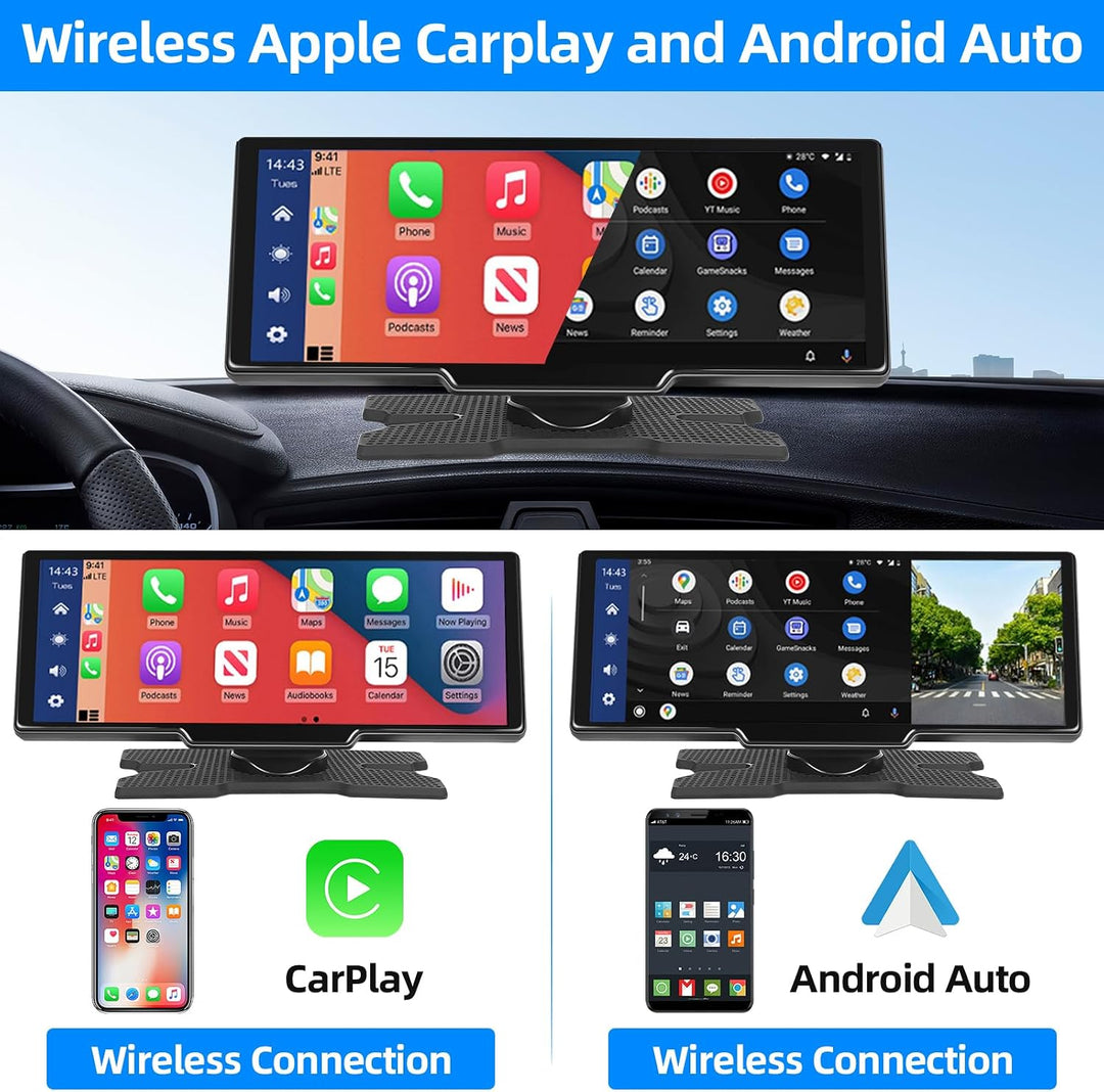Podofo 10.26 Zoll IPS Tragbares Autoradio mit Kabelloses A-pple Carplay Android Auto Recorder Bildsc