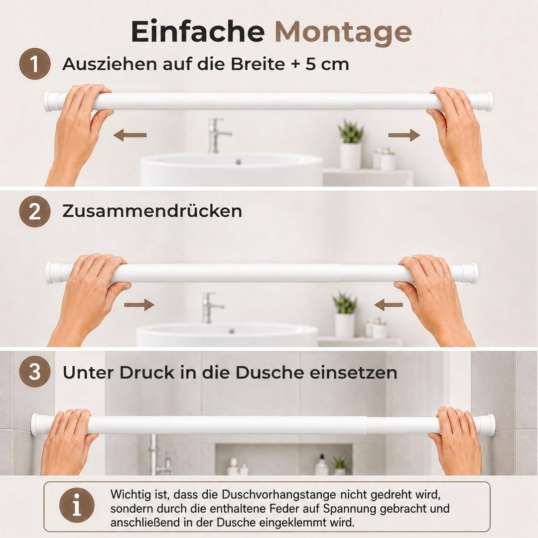 Aquabad® Hastaflex Teleskop 190-300 cm Duschvorhangstange ohne Bohren, Weiss, für Dusche und Fenster