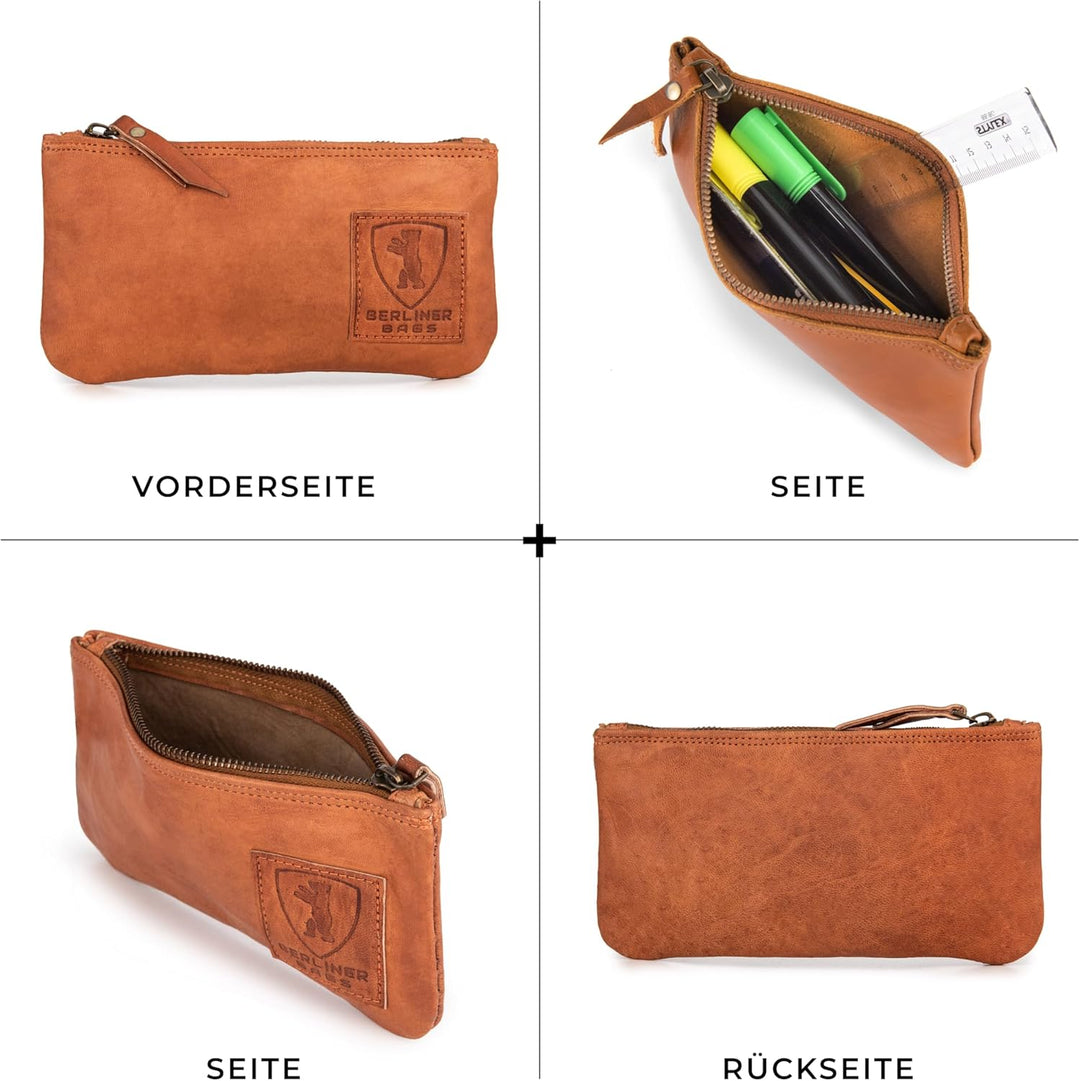 Berliner Bags Vintage Federmäppchen aus echtem Leder – Handgefertigtes Etui mit YKK-Reissverschluss,